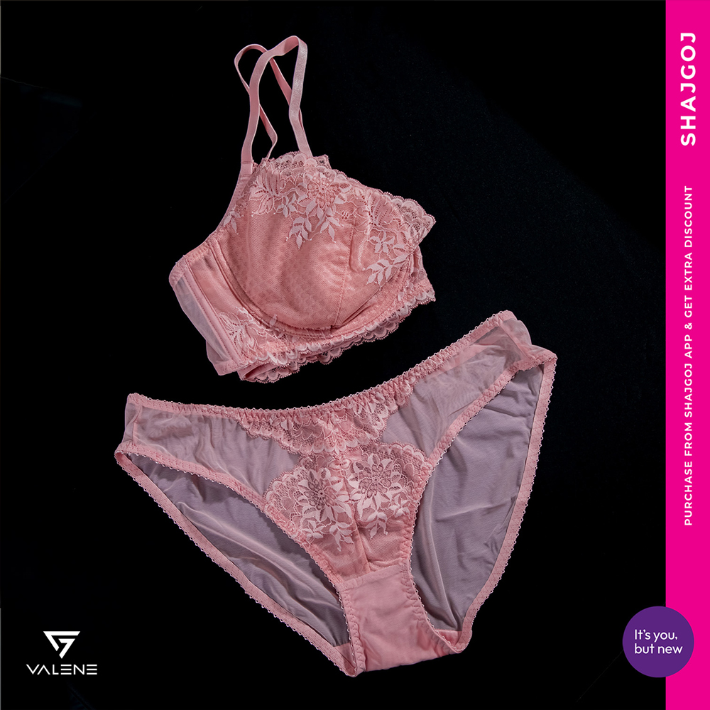 Valene Love Birds Wired Lacy Bra Set-Rose Pink (BRA & Panty)