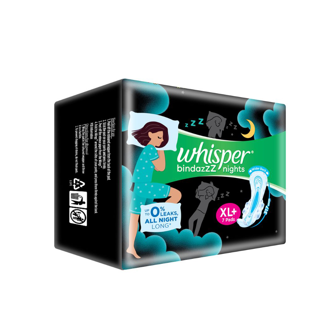 Whisper Bindazzz Nights Heavy Flow Sanitary Pads for Women, XL+ 7 Napkins